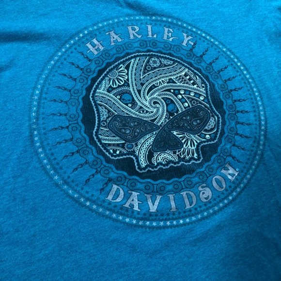 Harley Davidson "2014" Skull 💀 T-Shirt Teal V- neck El Paso Texas Size Large - Picture 2 of 12